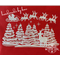 Red with a winter scene of six snow-covered Christmas trees, with red ornaments. Above trees is Santa and his sleigh, pulled by 8 reindeer